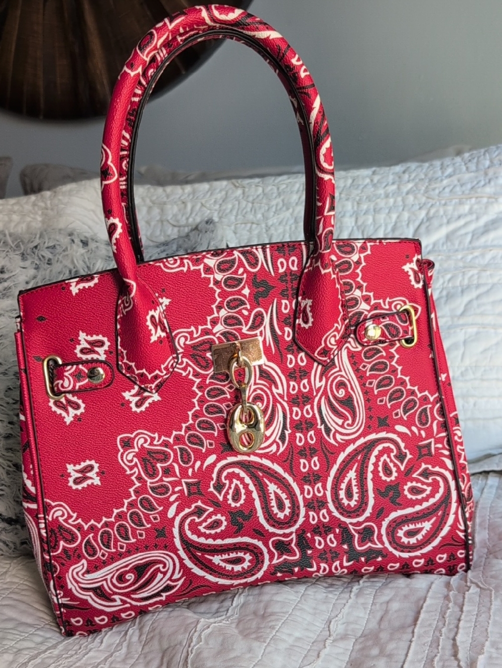 Red Paisley Print Tote Vinyl Handbag